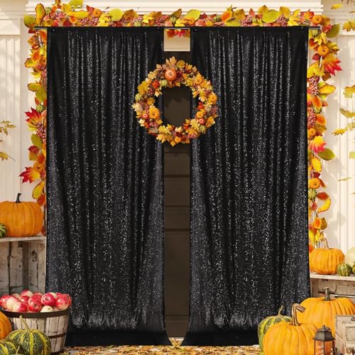 Image of PartyDelight Black Sequin Backdrop 5x10ft 2 Panels 4 Inch Rod Pocket | Dense 3mm black sequins on mesh backing with 4 inch rod pocket for wide reception walls head tables stages and layered event