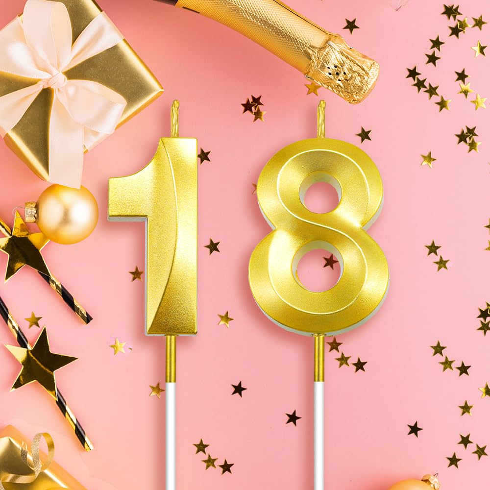 Velas de cumpleaños 18 para pastel, velas de cumpleaños doradas, velas número 18, velas de cumpleaños con números, vela de pastel de feliz cumpleaños para decoraciones de aniversario de 18, 8, primer