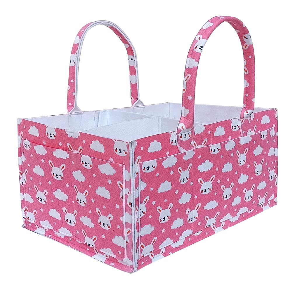 Raisa Cute Diaper Caddy Bag for Smart Mothers Baby Diaper Caddy Organizers Baby Wipes Felt Storage, Nursery, Foldable and Portable (PINK BUNNY)