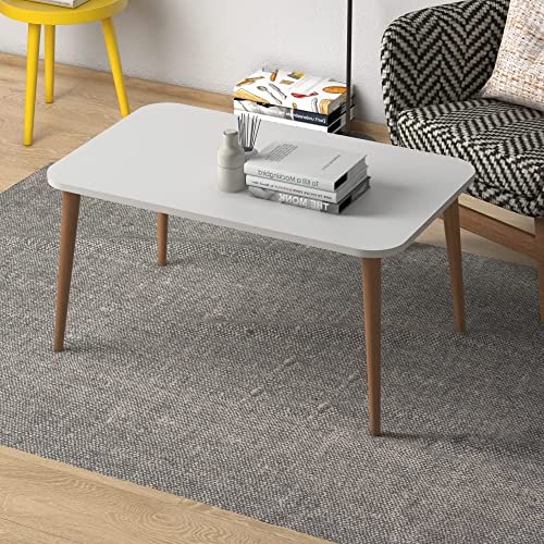 Image of Wooden Foldable Coffee Table - Rectangular Center Tea Table for Living Room & Bedroom, Easy Assembly with Solid Wooden Legs (White)