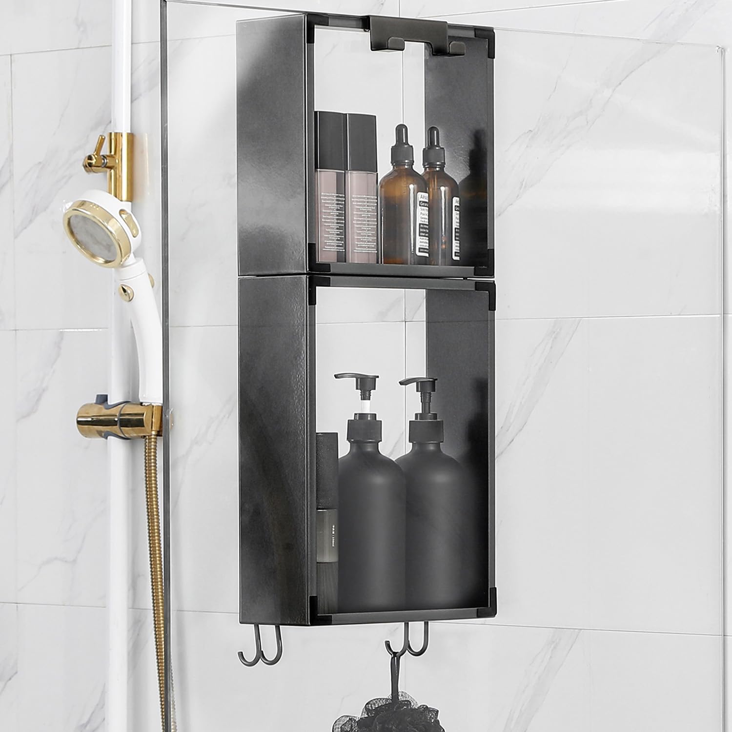Mensola Doccia SUS 304 Acciaio Inox Porta Shampoo con Gancio Nero