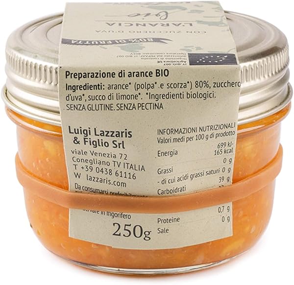 Lazzaris 1901 - Marmellata di arance e zucchero d'uva BIO 250 g Gourmet - 4 vasi per cartone - 3