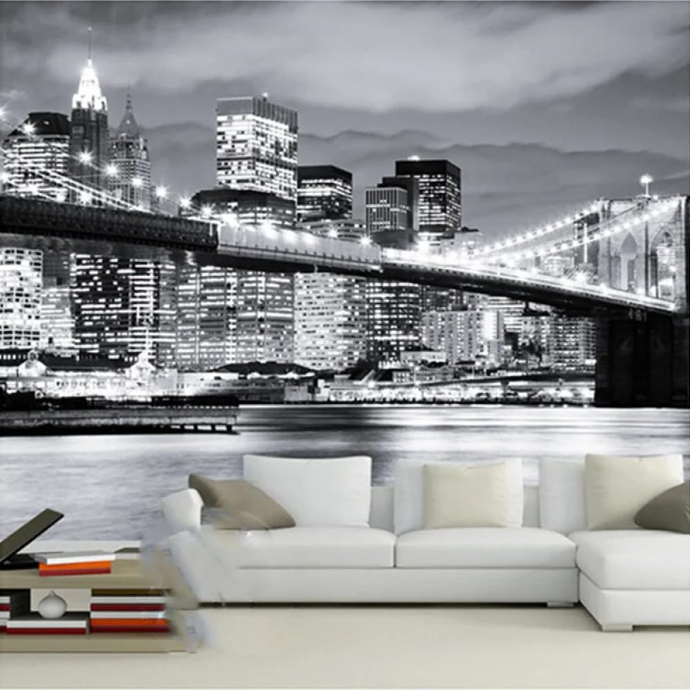 Papier peint photo 3d pour agrandir une pièce paysage urbain noir et blanc