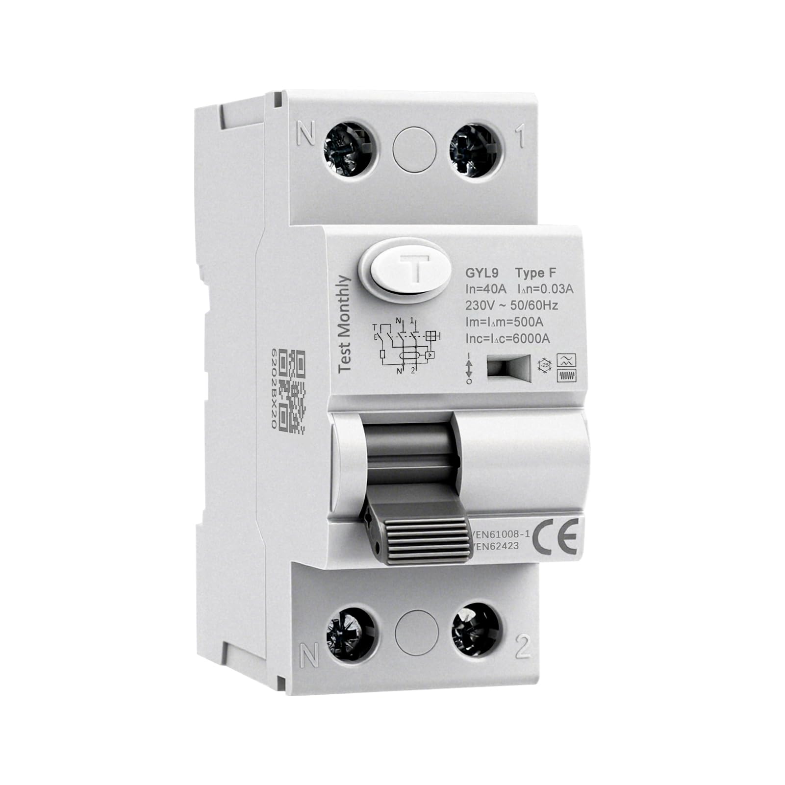 Disjoncteur différentiel 30mA 40A Type F 2 pôles interrupteur différentiel 40A 30mA 6kA 2P AC230V RCCB disjoncteurs électriques adapté aux équipements monophasés à charge variable GYL9