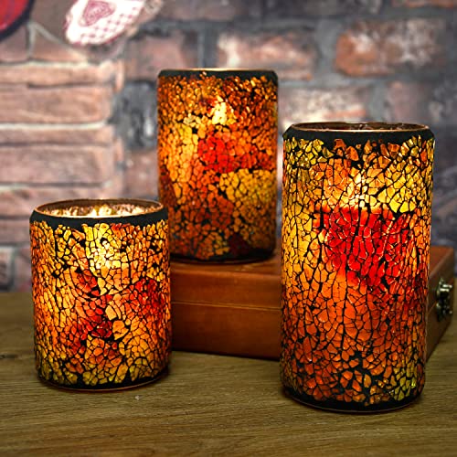 TELOSMA LED Mosaic Flameless Candle, Red Yellow Cracked Glass Pattern Pillar Candle - Centerpieces Table Bed Fireplace Autumn Decor - Set of 3