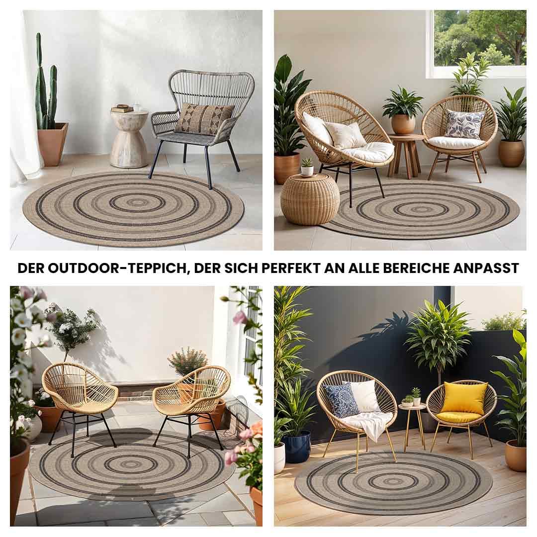 Livabliss Porto Outdoor Teppich wetterfest - In und Outdoor Teppich für Balkon 160 cm, Terrasse, Garten, Küche - Teppiche Boho Style für draußen - Beige, Schwarz, Grau