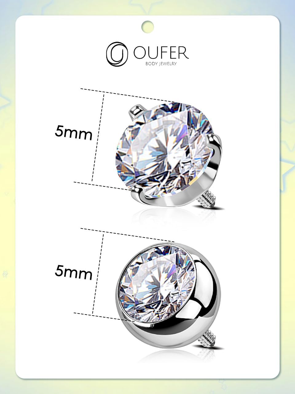 OUFER 2PCS Titanium 14G 5mm Internally Threaded Replacement Balls for Belly Button Rings, Clear CZ Gem for 1.6mm Barbells