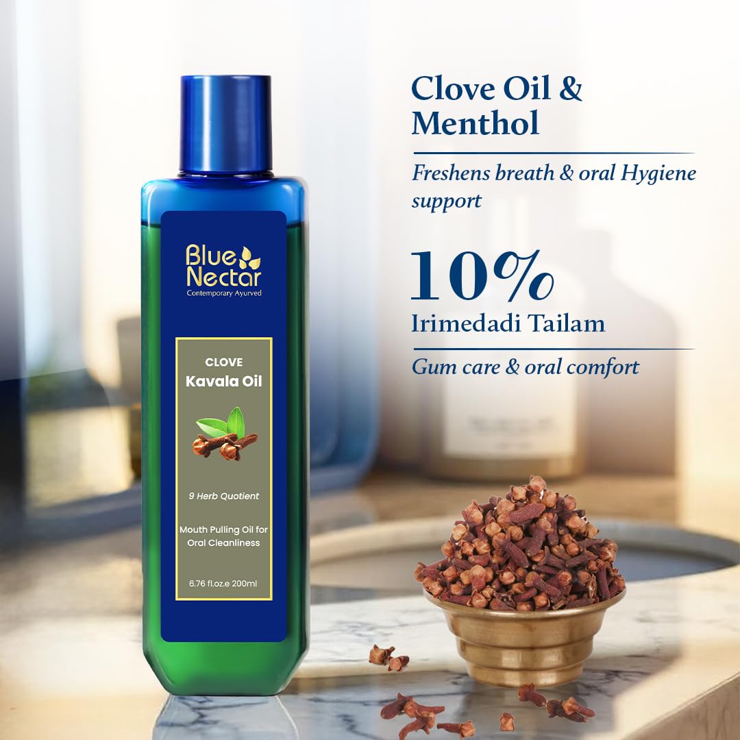 Blue Nectar Collutorio ayurvedico per la cura orale, olio di cocco naturale per la cura orale e alito fresco, collutorio senza alcol (9 erbe, 200 ml)