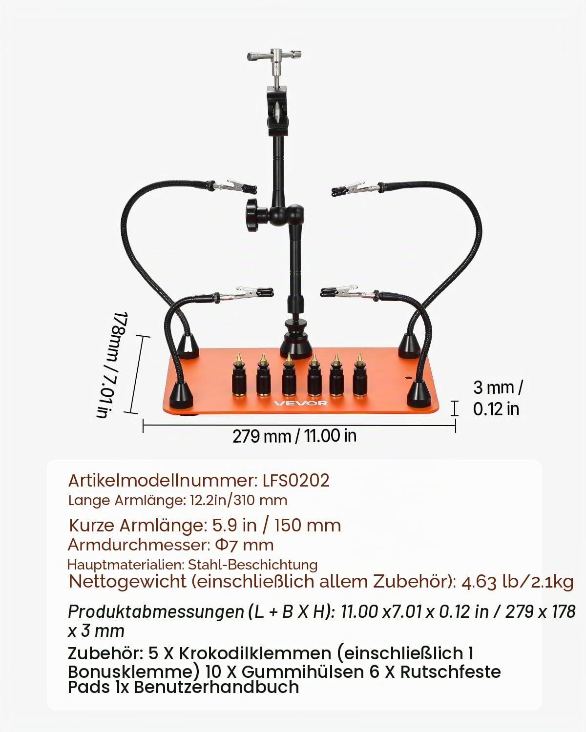 VEVOR Löthilfe dritte Hand, Magnetische Lötstation, 4 flexiblen Armen, mit 6 PCB-Säulenhaltern & 360-Grad-Heißluftpistolenhalter, Helfende Hand für elektronische Reparaturarbeiten, 279x178x3mm