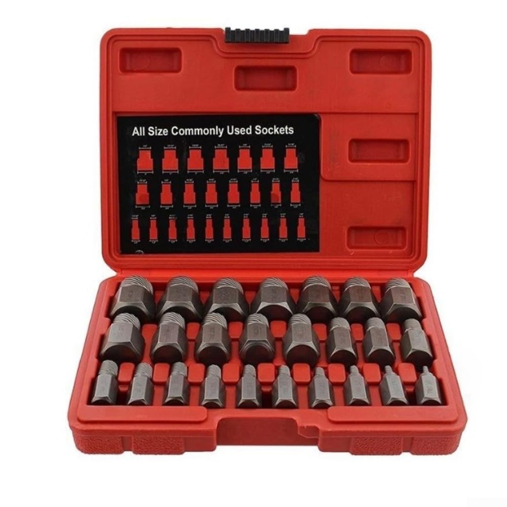 Juego de 25 extractores de tornillos hexagonales, removedor de pernos de acero de alto carbono para tornillos dañados redondeados pelados, diseño en espiral para zurdos para reparación de automóviles
