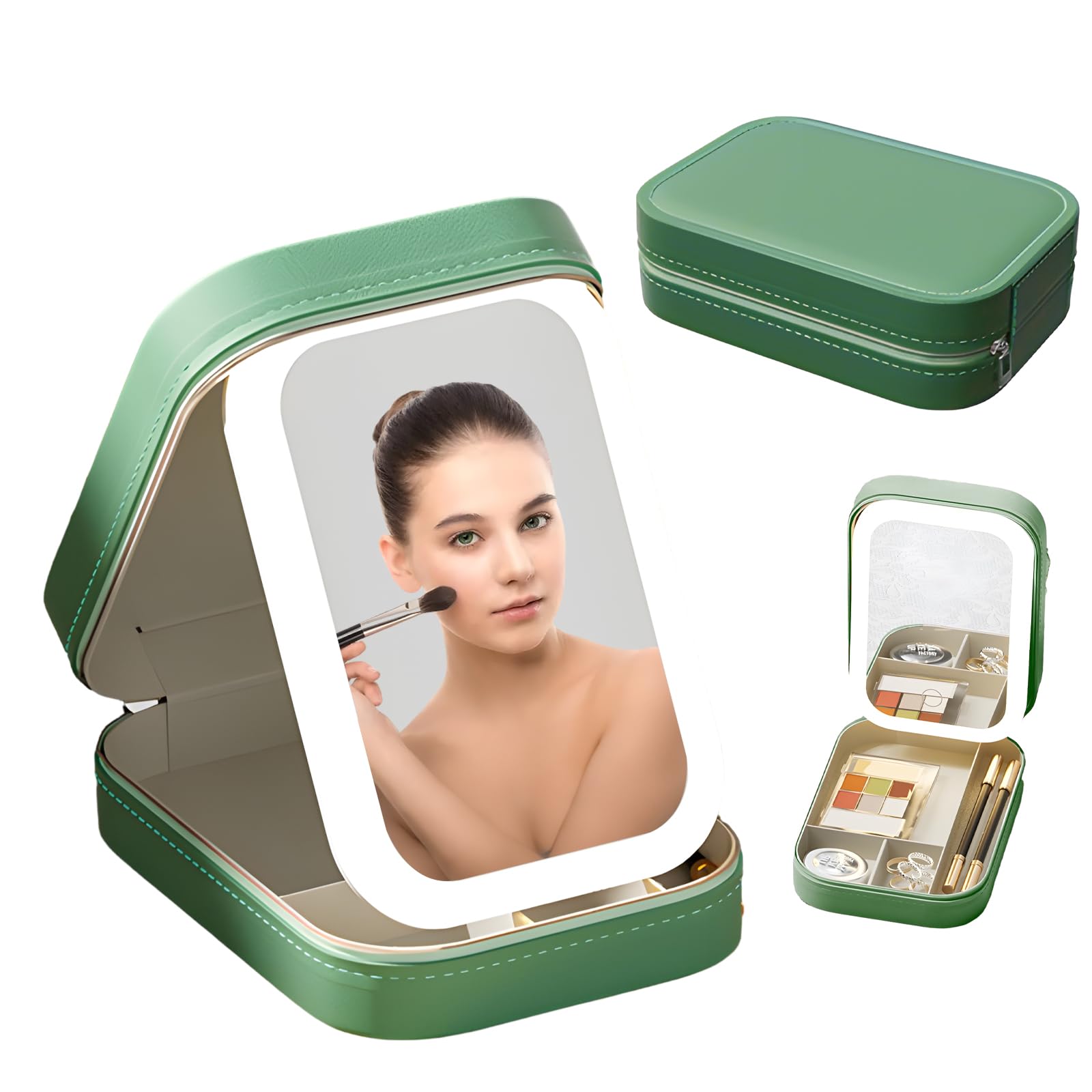 ADKBO Travel Makeup Case with Led Mirror, Portable Makeup Box with Light, Gift For Women (Green)