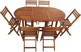 YAHOME 7 Pcs Foldable Acacia Wood With Movable Tyres Patio Bistro Set - Outdoor Wood Chair And Table Set Dining Table Set For Garden Furniture Balcony Pool Side and Outdoor Area use