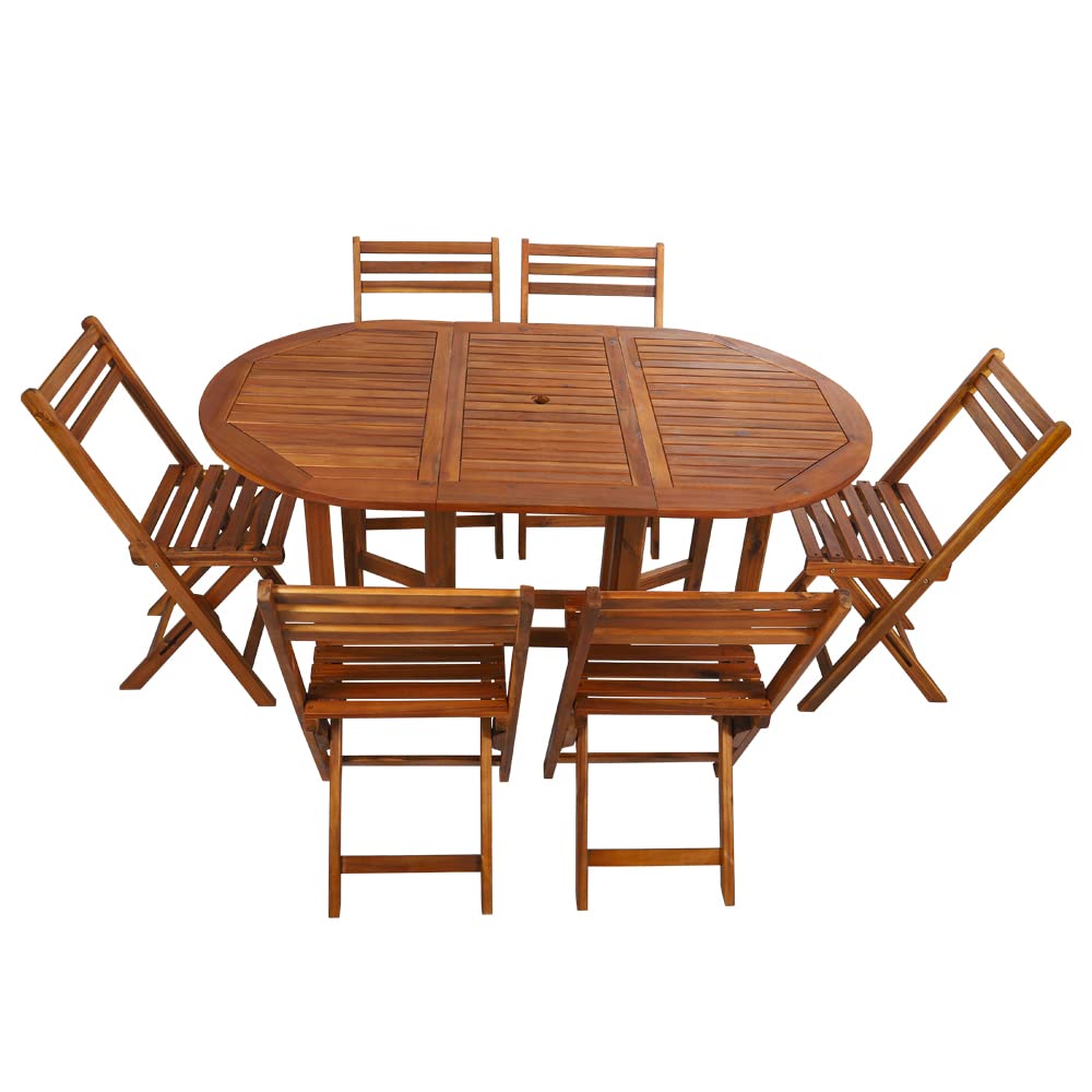 YAHOME 7 Pcs Foldable Acacia Wood With Movable Tyres Patio Bistro Set - Outdoor Wood Chair And Table Set Dining Table Set For Garden Furniture Balcony Pool Side and Outdoor Area use