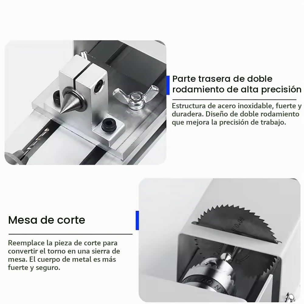 Mini Torno de 24V Pequeño Torno de Metal con Ajuste de 7 Marchas, 4000–8000 RPM, Rango de Sujeción de 0.6–6.5MM, con uego de Herramientas Rotativas,para Tornear, Rectificar, Pulir, Taladrar y Tallar