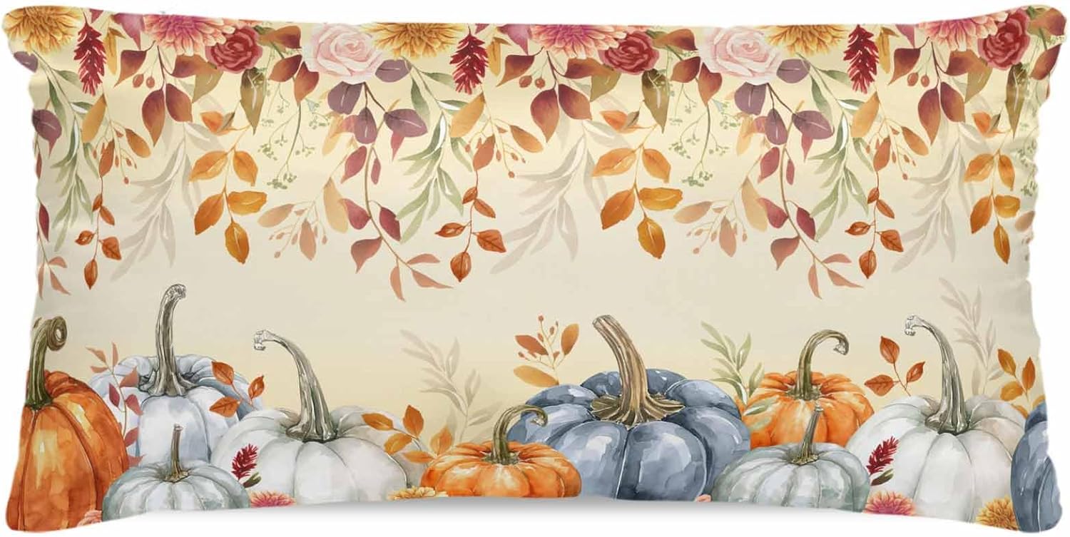 Thanksgiving Fall Pillow Cases Cal King Size, Smooth Satin Pillowcase for Hair and Skin, Orange Blue Pumpkins Botanical Decorative Cooling Bed Pillow Covers with Zipper, 20x40 Inches