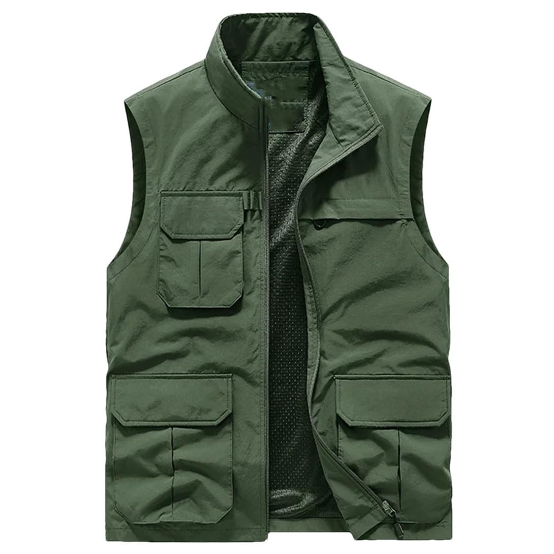 Gilet da uomo con colletto alla coreana, senza maniche, leggero, da viaggio, da caccia, con tasche multiple