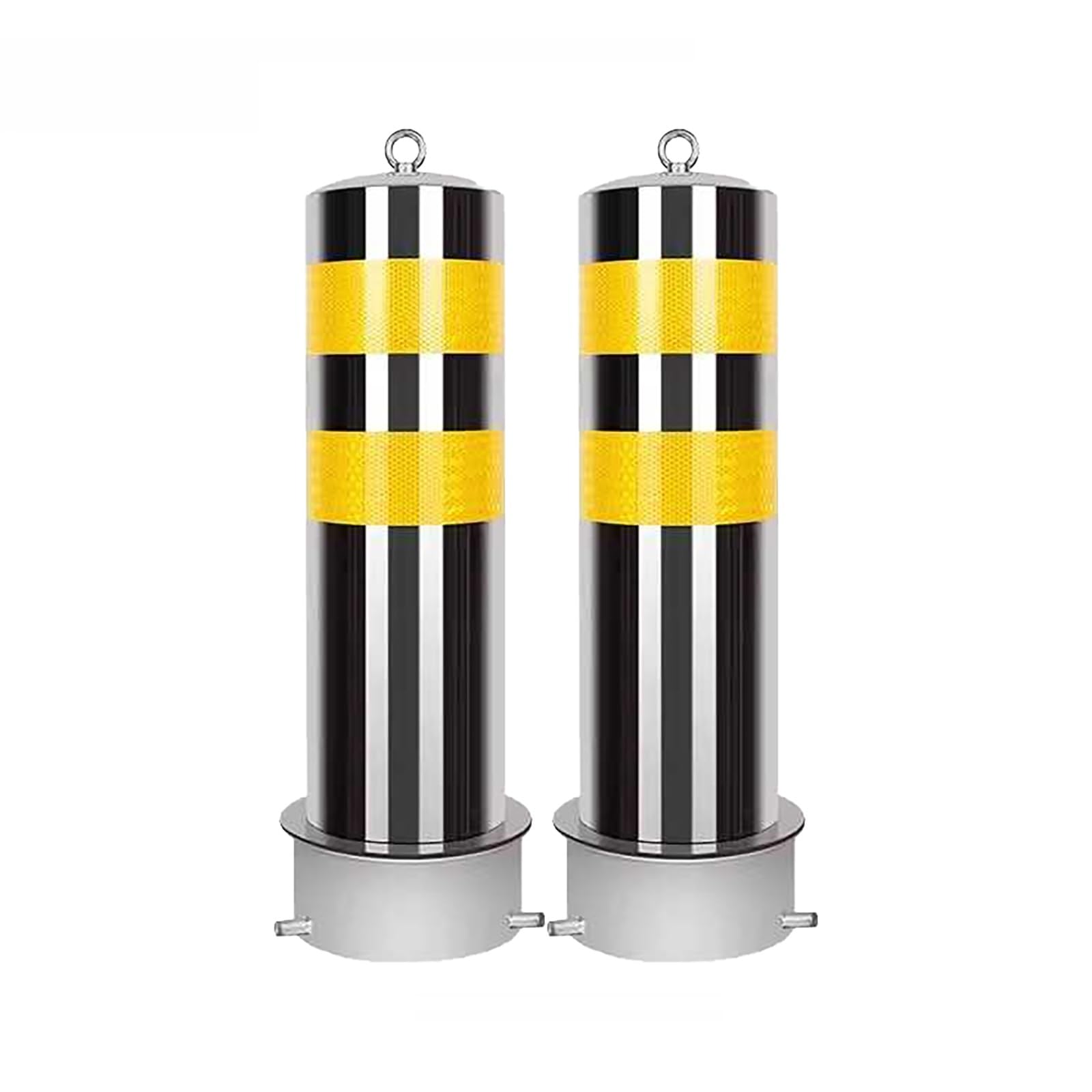 Aioneer Removable Safety Bollard Posts - 2Pcs Yellow Steel With Reflective Stripes For Driveways & Parking Lots - Durable Embedment Sleeve For Enhanced Visibility & Protection