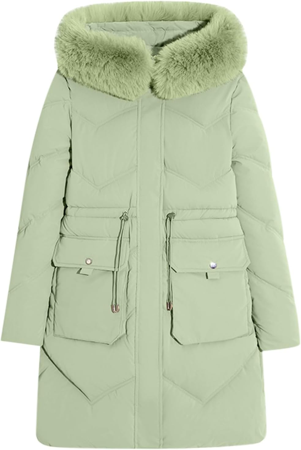 Firzero Women's Long Winter Coat Faux Fur Warm Jacket with Hood 2024 Casual Zip Up Knee Length Outerwear with Pocket