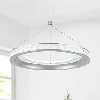 CHYING Modern Silver LED Crystal Pendant Light, 11.8" 24W 6000K Cool White Hanging Pendant Light Kitchen Island, Ring Ceiling Lights for Bedroom Dining Room Hallway
