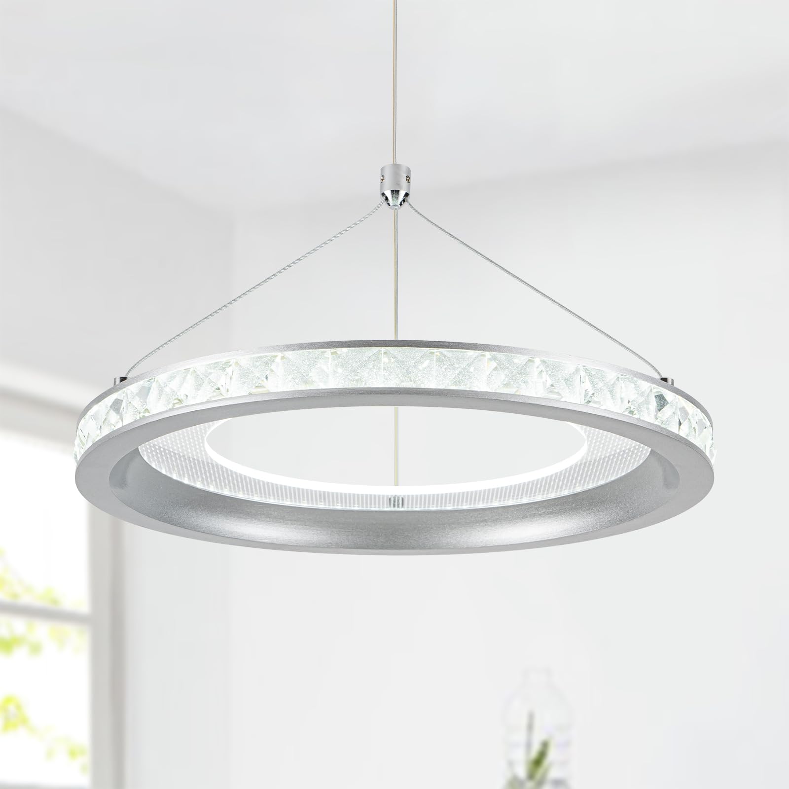 CHYING Modern Silver LED Crystal Pendant Light, 11.8" 24W 6000K Cool White Hanging Pendant Light Kitchen Island, Ring Ceiling Lights for Bedroom