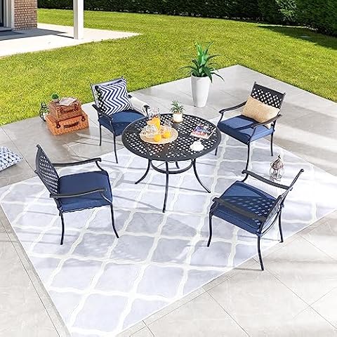 Festival Depot 5 Piece Patio Dining Set Metal Chairs with Seat Cushions and Round Iron Table with Umbrella Hole All Weather Outdoor Furniture for Bistro Deck Garden (Blue) Cover