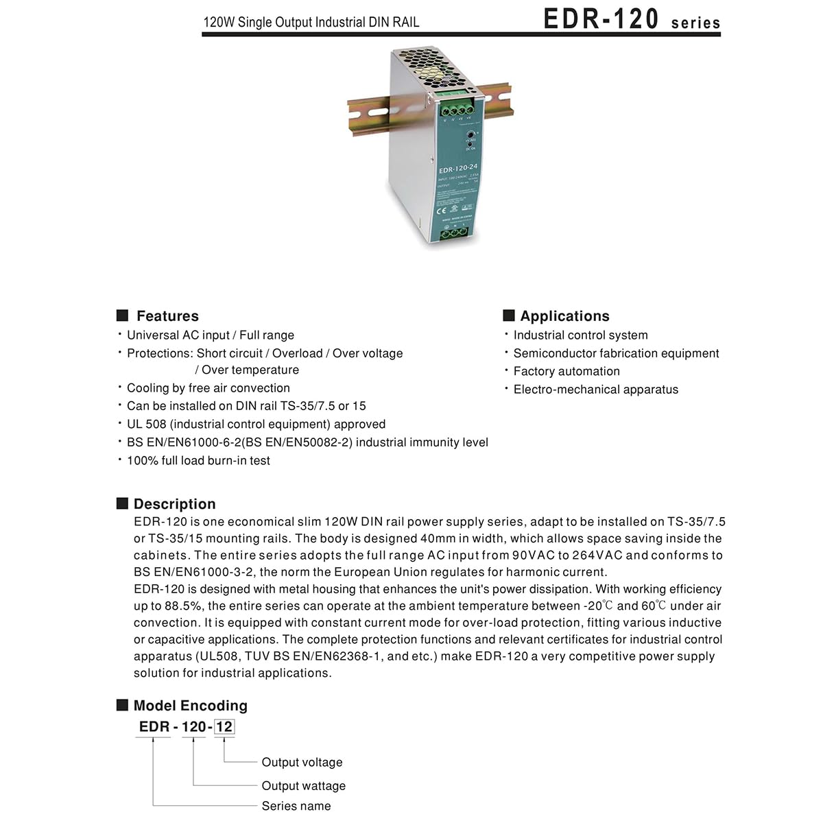 1PC EDR-120-12 12V 10A 120W Single Output Industrial DIN RAIL