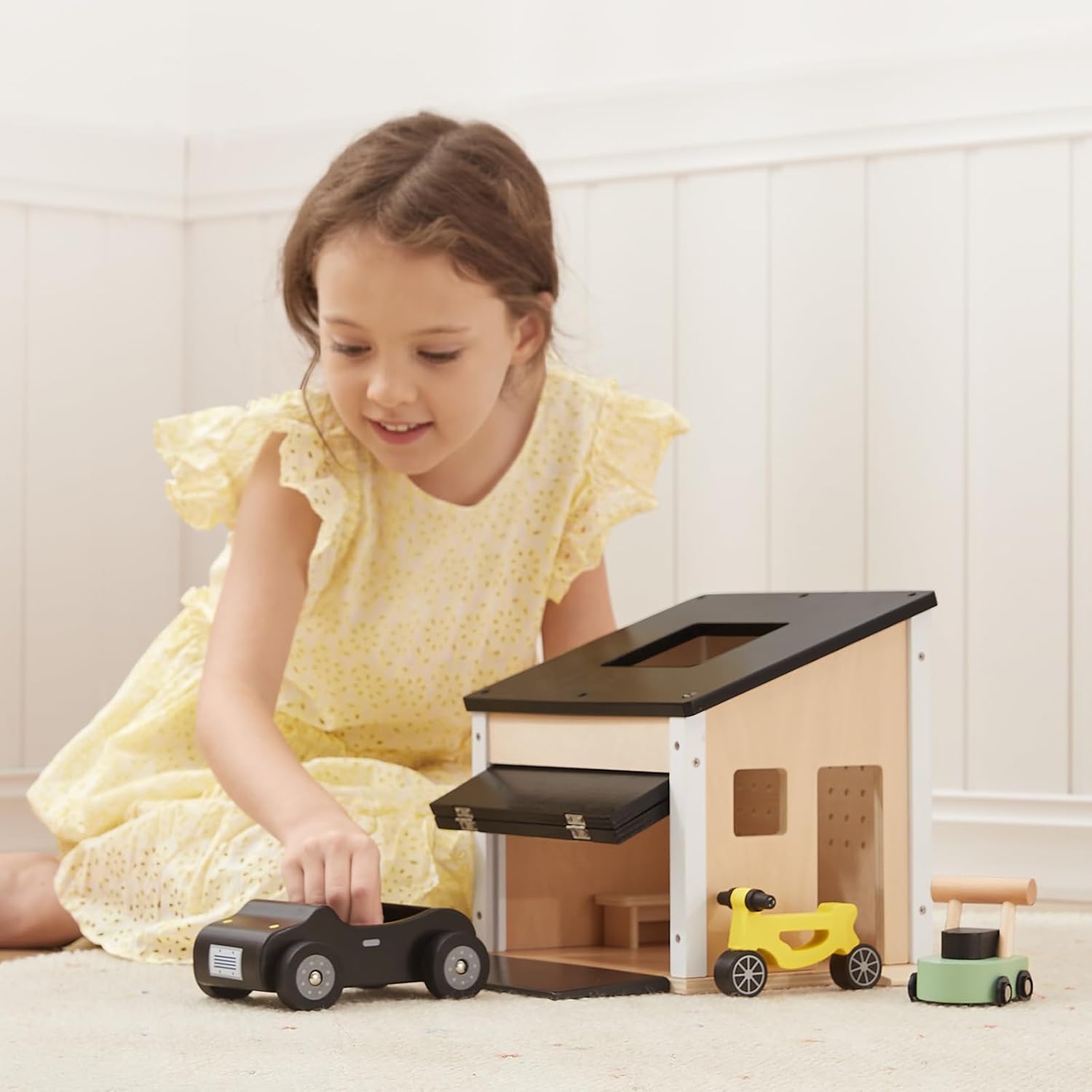 OOOK Wooden Dollhouse Garage Set Includes Workbench, Lawn Mower, Bicycle and Car, Dollhouse Furniture & Accessories for Kids