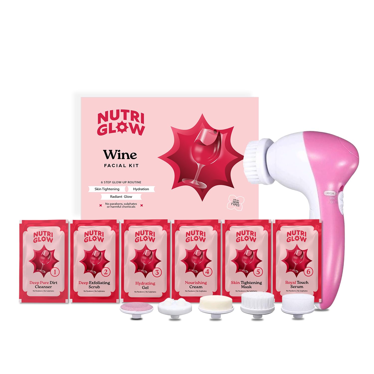 NutriGlow NATURAL'S Advanced Pro Formula Wine Facial Cleanup Kit for Glowing Skin| Blemish Free, Remove Blackheads, Fairer Complexion| 60gm with 5 in 1 Rotating Face Massager