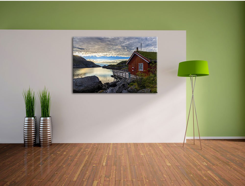 Pixxprint Sonnenaufgang am Fjord Norwegens, Größe: 120x80cm, Leinwandbild, fertig gespannt, Wandbild, Dekoration, Kunstdruck, kein Poster
