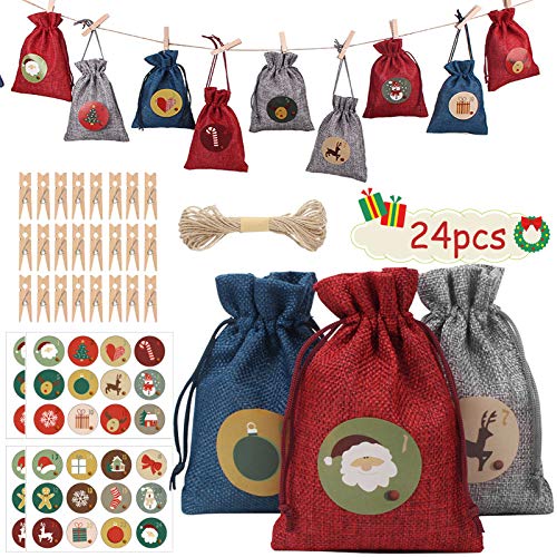 AOMIAO DIY Calendario de Adviento, 24 Pcs Bolsa de Regalo Navidad, rellenables Bolsas de Yute, con 48 Adhesivos Digitales de Adviento, 10m Cuerda de Cáñamo para Navideña, Bodas, Cumpleaños y Regalos
