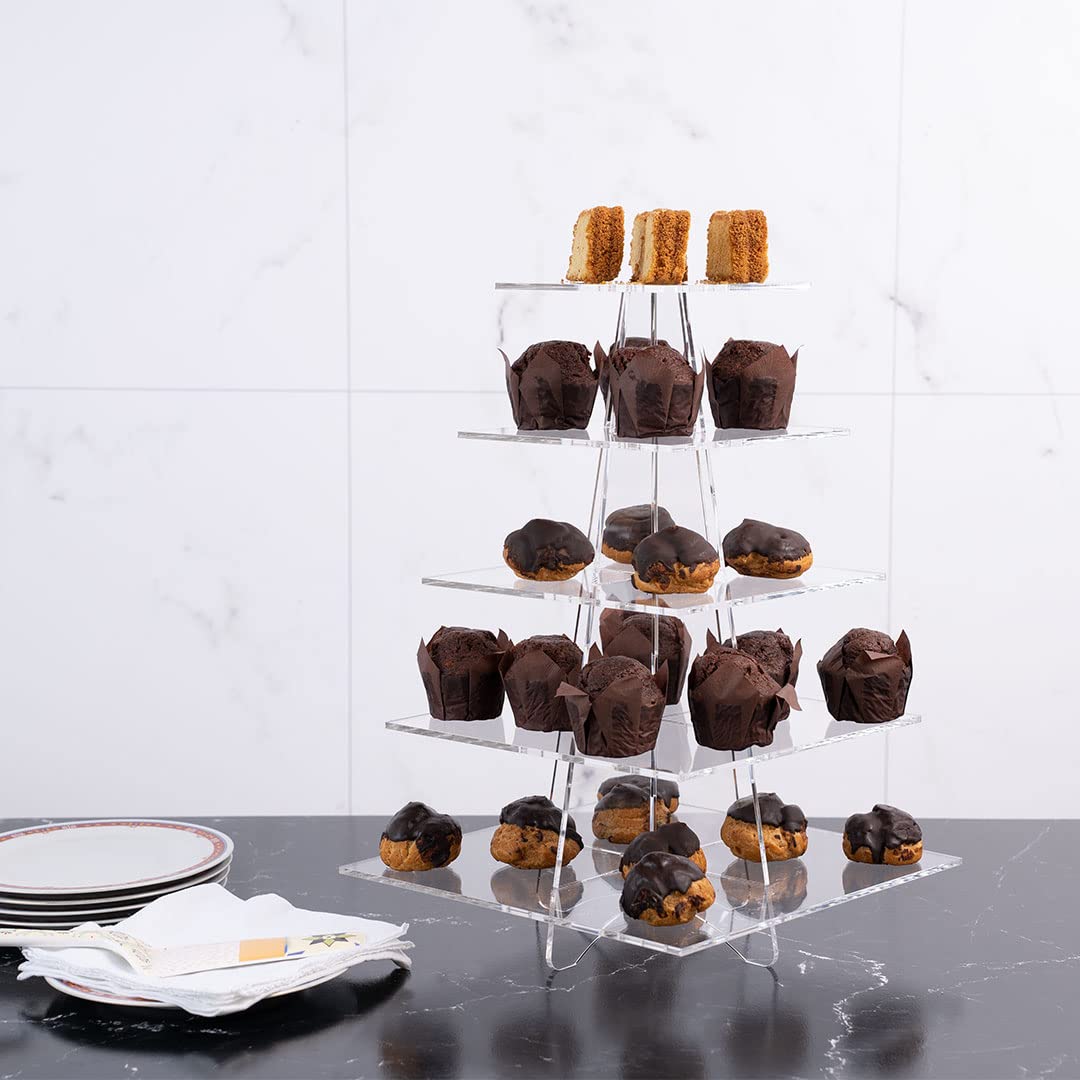 Danieli | Alzatina a 5 Piani per Dolci | Alzata in Acrilico Trasparente Cinque Piani Rotondi o Quadrati. | Alzatine a Piani Porta Frutta e fingerfood. 5 Livelli (Quadrata)