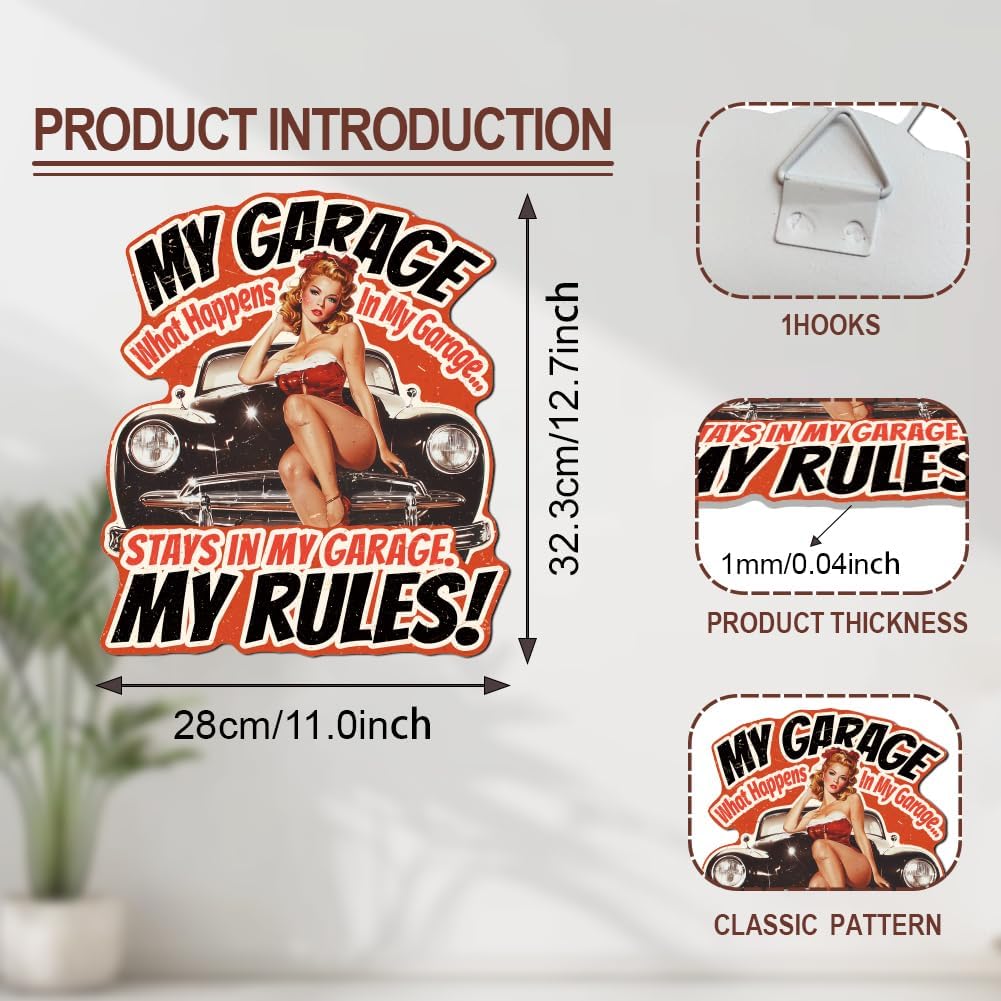 WADORN Garage Pin Up Woman Vintage Metal Tin Sign, 11x12.7 Inch Funny My Garage My Rules Metal Sign Retro Sex Women Wall Art Posters Plaque for Home Club Bar Coffee Restaurant Cabin Man Cave image 2