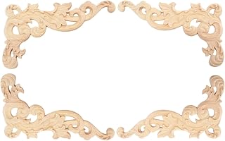 MUXSAM Wood Carved Appliques Onlays, 2-Pair Unpainted Wooden Carvings Decal Corner Decorative Plaques for Wall Cabinet Cupboard Mirrors Fireplace Closet Dresser Doors DIY Project, 25x15cm/9.84"x5.91"