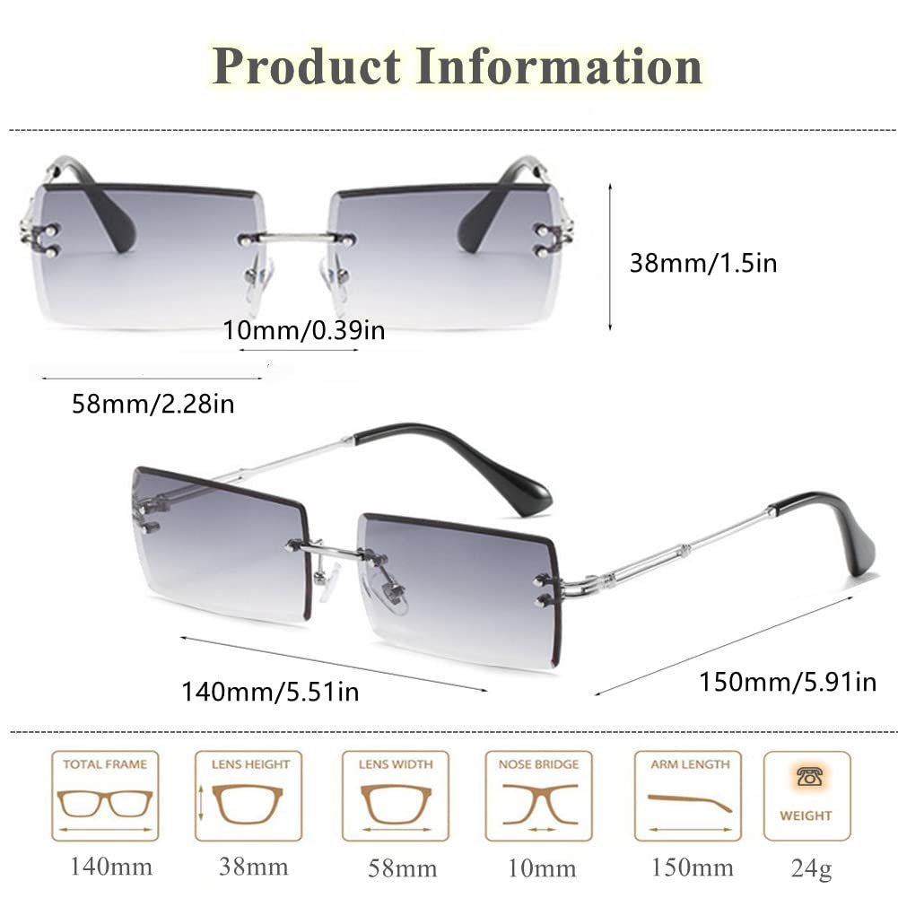 90s 2000s rectángulo sin montura gafas de sol mujeres hombres Y2K accesorios vintage retro sin marco cuadrado, Plateado/Gris, Medium