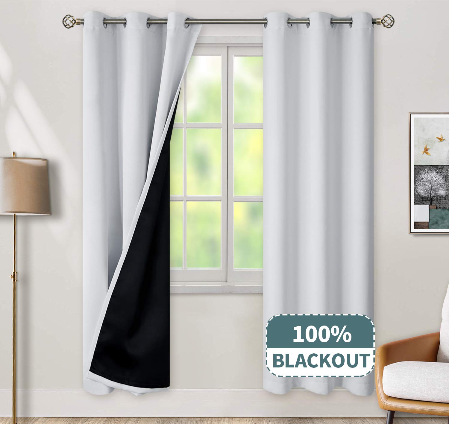 BGment Thermal Insulated 100% Blackout Curtains for Bedroom with Black Liner, Double Layer Full Room Darkening Noise Reducing Grommet Curtain (42 x 84 Inch, Greyish White, 2 Panels)
