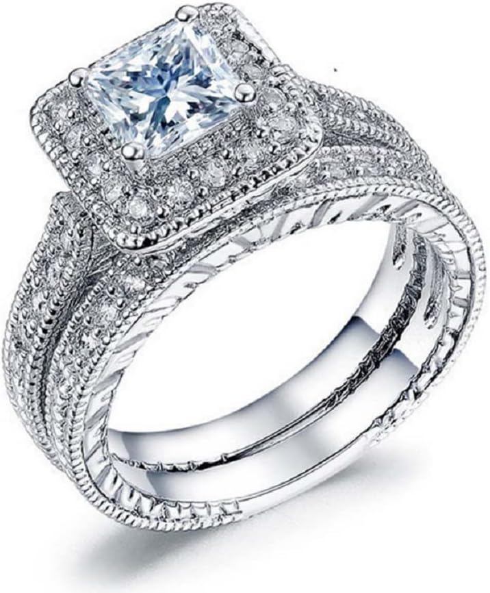 Sterling Silver Wedding & Engagement Ring Set - 925 Sterling Silver, Cubic Zirconia CZ, 2pc Stackable Ring Set