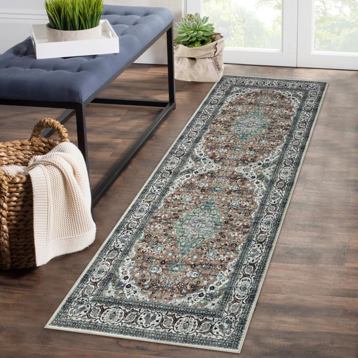 COZYLOOM Vintage Rug 5x7 Washable Rugs Non-Slip Throw Rug Low Pile Living Room Rug Distessed Floor Carpet for Entrance Laundry, Green