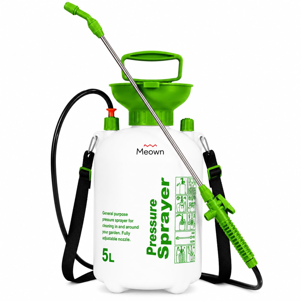 Meown 5L Pressure Pump Sprayer โ Adjustable Jet/Mist Nozzle, 60cm Lance & Lockable Trigger โ Leakproof Tank with Shoulder Strap for Weed Killer, Fertiliser & Patio Cleaning