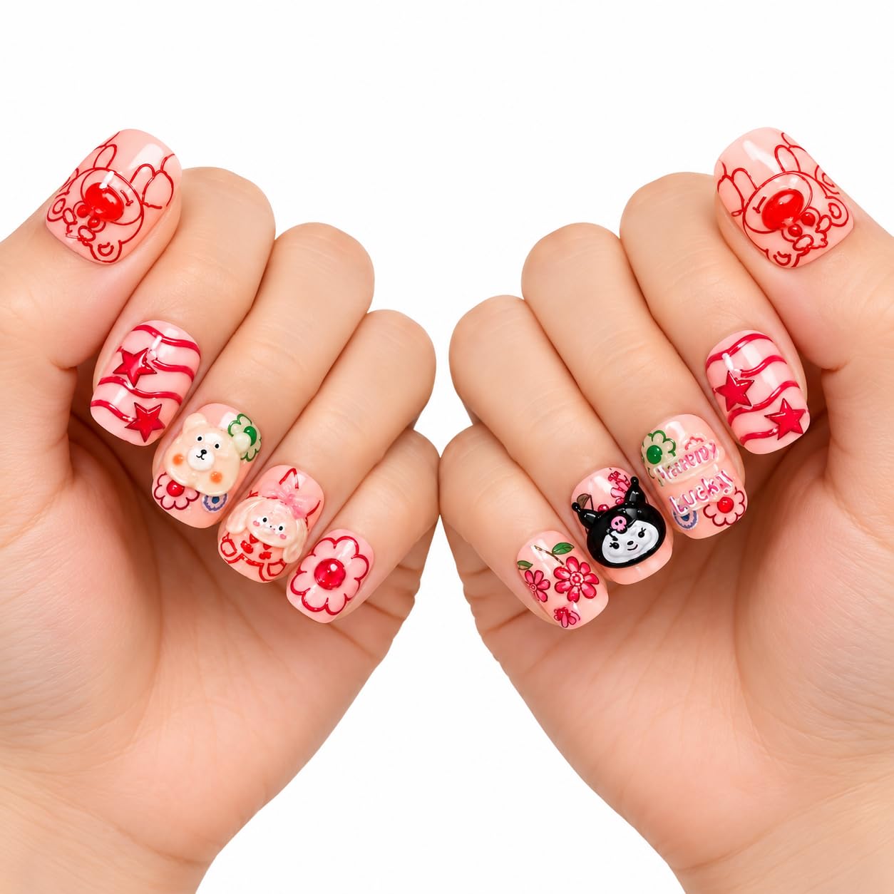 Kids 3D Cartoon Press On Nails | Cute Kawaii Fake Nails for Girls | Reusable Stick On Artificial Nails | Handmade Glossy Full Cover Nail Art Kit with Adhesive Tabs | 12 PCS