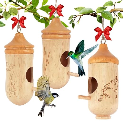 Hummingbird House, Small Hummingbird Houses for Outside, Wooden Bird House with Bow, String, Cute Gardening Gifts Home Decoration