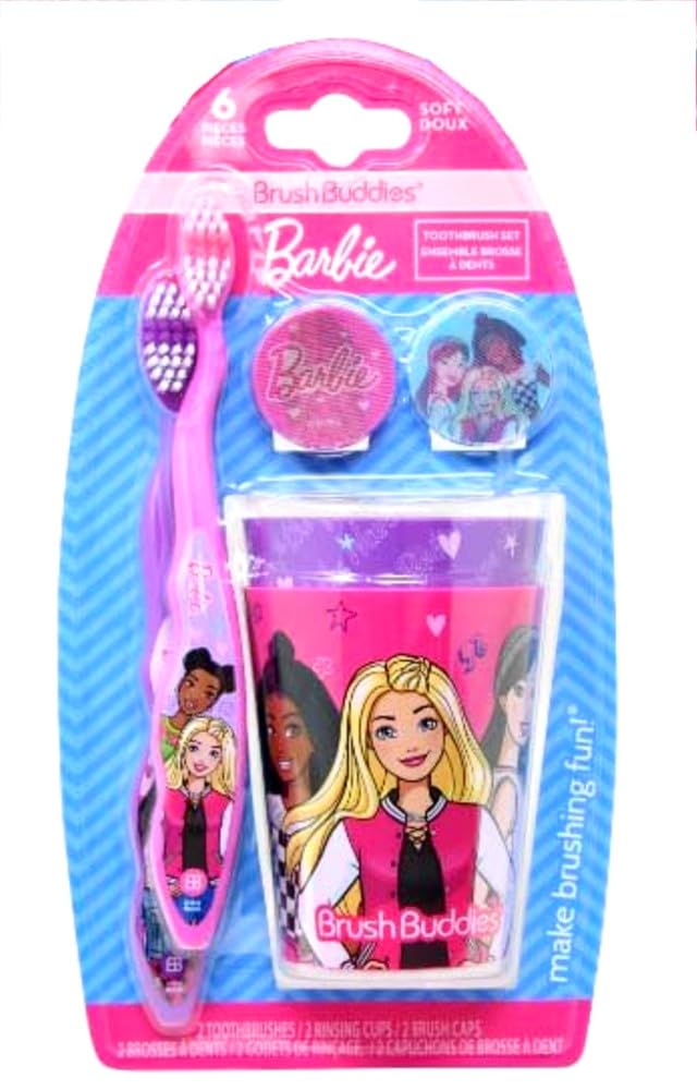 Brush Buddies Barbie 6 Piece Toothbrush Set - 2 Manual ToothBrushes, 2 Cups and 2 holders