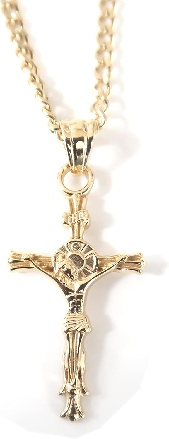 14K Gold INRI Crucifix Chain Small Cross Pendant Necklace Solid Clasp for Women, Men, Wife, Husband, Thin for Charms Miami Cuban Link Baptism Religious Gift for him her