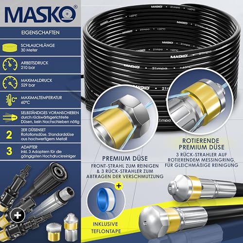 Foto von MASKO® Premium Rohrreinigungsschlauch Set Abflussreiniger 30m, 200 bar inkl. Isolierband, Tasche 3 Adapter 2 Düsen kompatibel mit Kärcher k2-k7 LAVOR Hochdruckreiniger Rohrreinigungsset + Handschuhe