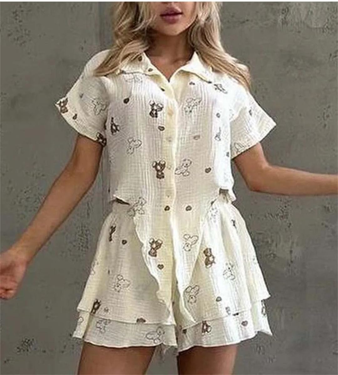 Women's Cotton Two Pieces Set Short Sleeve Single Breasted Shirts and Cascading Ruffle Shorts Sets