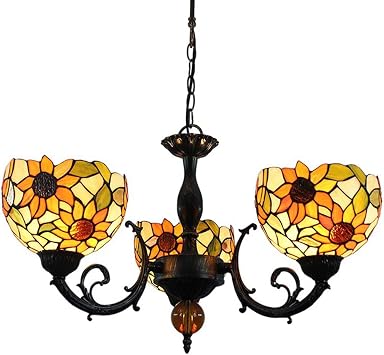 GDLight Tiffany Style Sunflower Chandelier Vintage Pastoral Floral Pendant Lamp Handmade Stained Glass Hanging Lights for Living Room Bedroom Dining Room Hallway,3arms