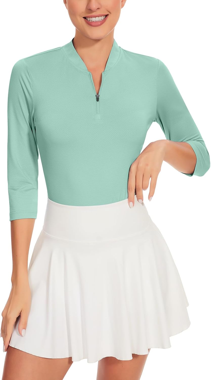 Soneven Womens 3/4 Sleeve Golf Shirts Moisture Wicking Polo Shirts UPF50+ Tennis Tops Jerseys Sport Shirts