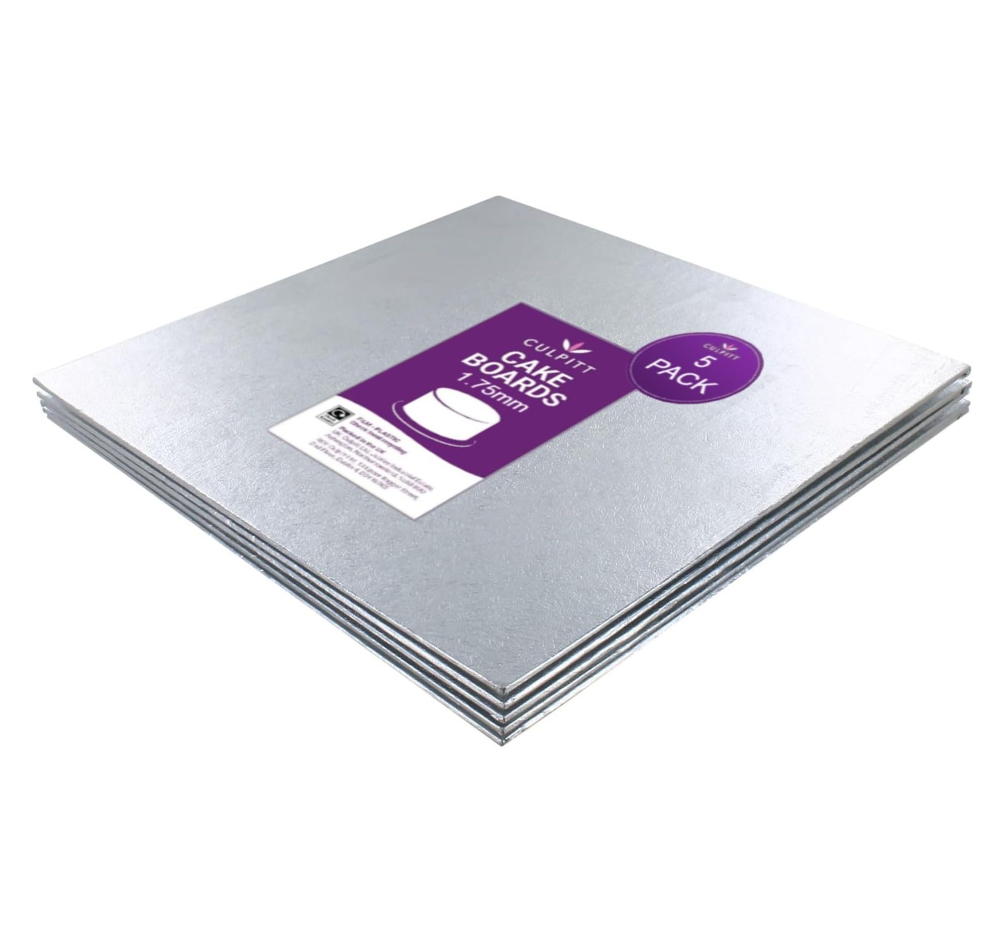 Culpitt Silver 10" Square Cake Boards, 1.75Mm Cards For Celebration Desserts, Birthday Treats, Tiered Sponge, Cupcakes, And More! Lightweight, Square, Pack Of 5