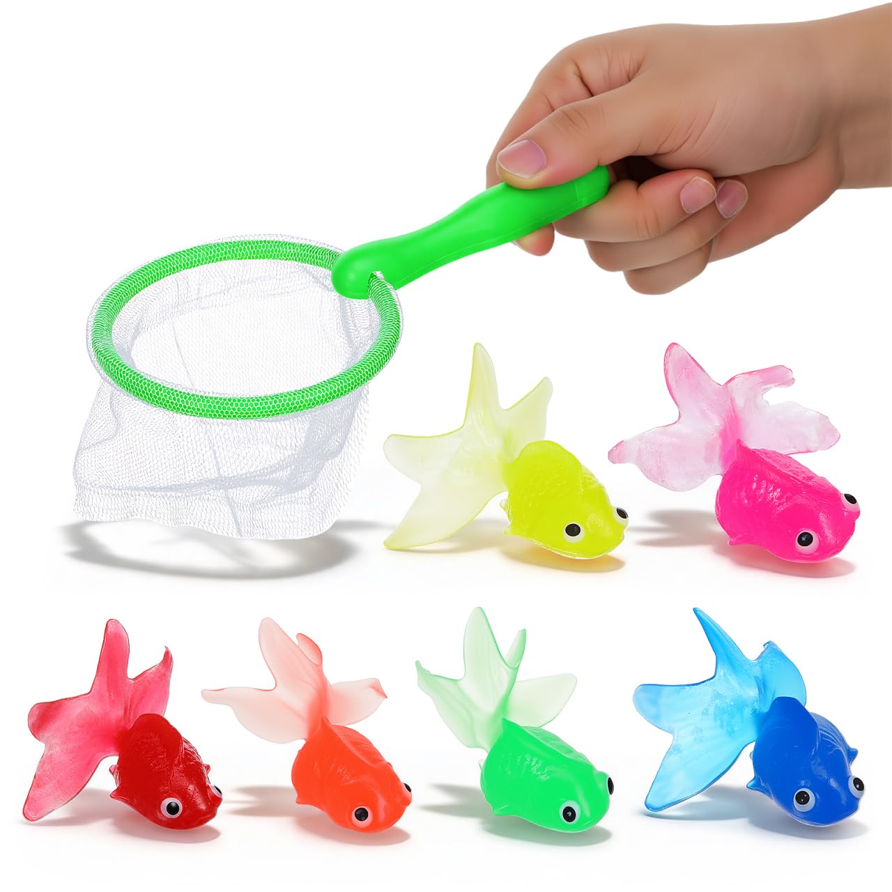 Toyvian Kids Bath Toys Fishing Game Set: 6 Pcs Soft Rubber Floating Fish & 1 Fishing Landing Net, Colorful Toddler Water Toys for Bathtub, Shower, And Summer Paddling Pool