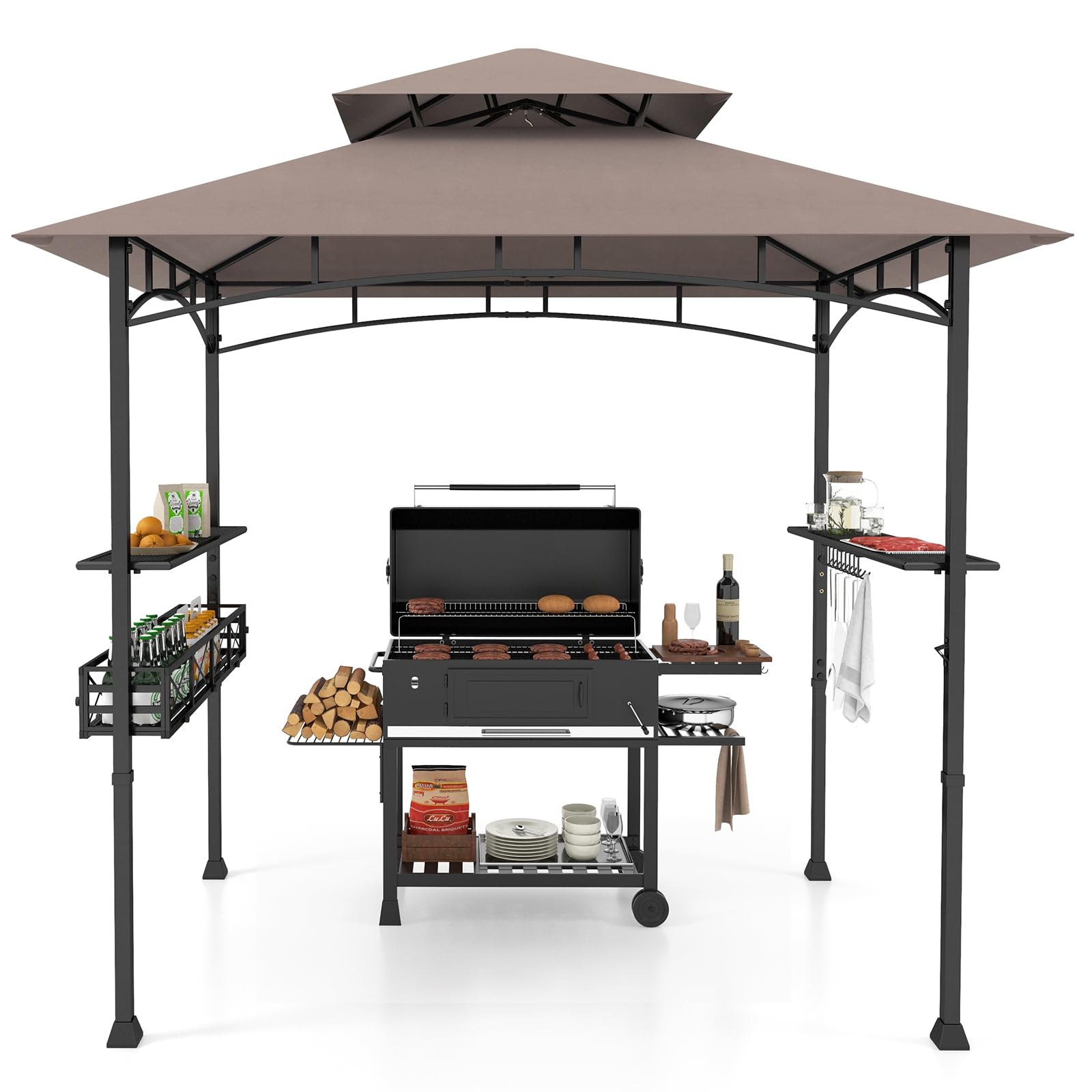 COSTWAY 2.5M (8ft) Grill Gazebo, Fire Resistant Waterproof Outdoor BBQ Shelter with 2 Side Shelves, Hooks and Bottle Opener, Double Tiered Grill Canopy for Patio Garden (Brown, with Storage Basket)
