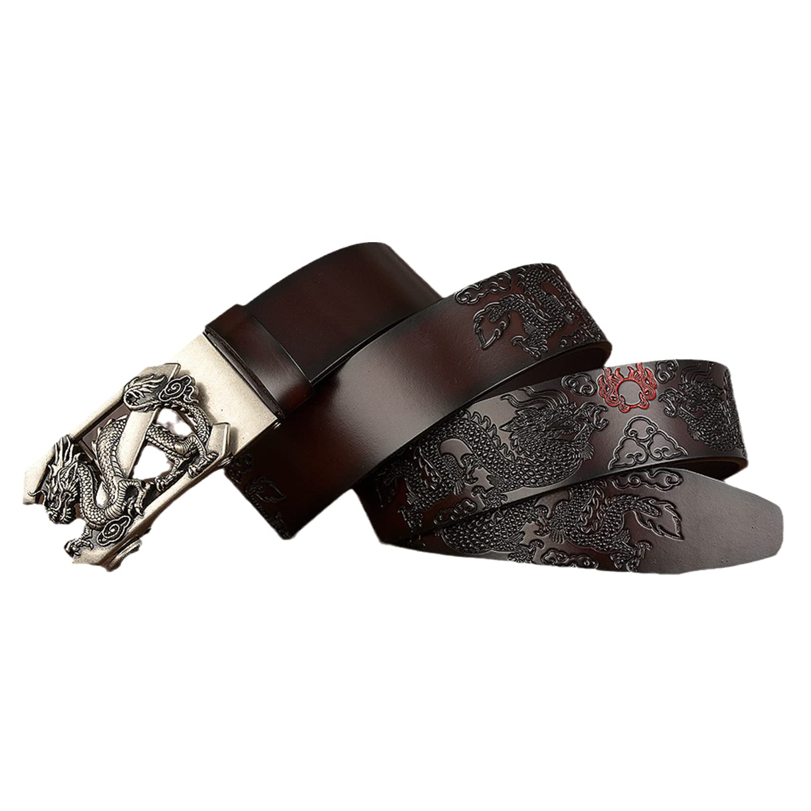 Cinturón De Trinquete Automático For Hombre, Cuero Genuino, Hebilla Dragón, Ajustable